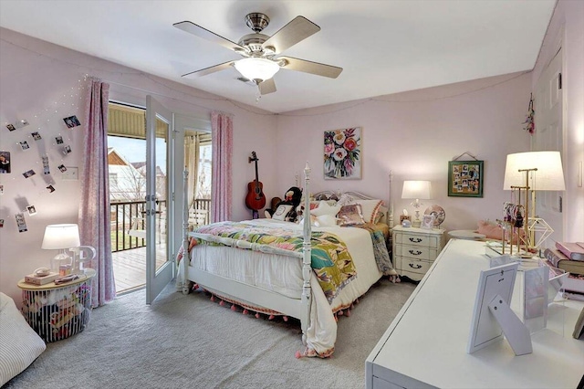 bedroom with ceiling fan, carpet flooring, and access to exterior