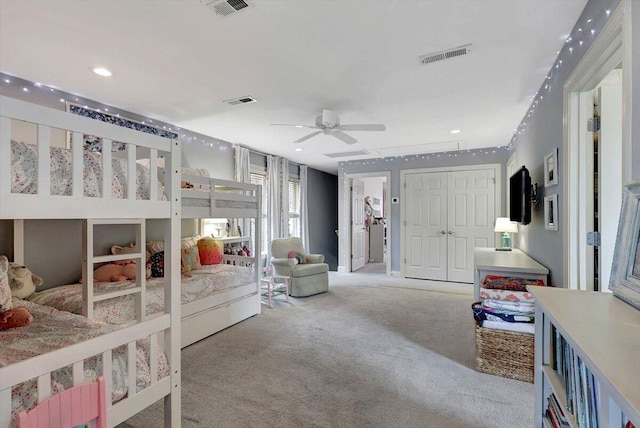 carpeted bedroom featuring ceiling fan