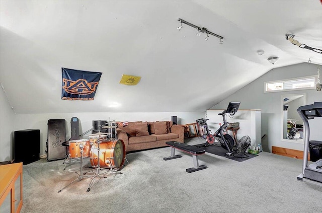 exercise room featuring vaulted ceiling, light colored carpet, and rail lighting