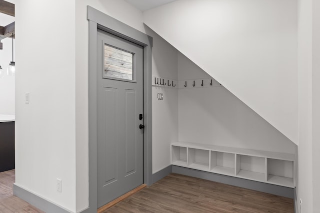 mudroom with wood finished floors