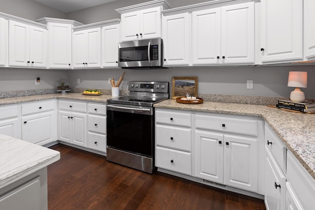 kitchen with white cabinetry, light stone counters, dark hardwood / wood-style floors, and appliances with stainless steel finishes