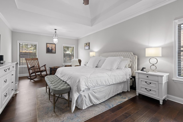 bedroom with multiple windows, ornamental molding, and dark hardwood / wood-style floors