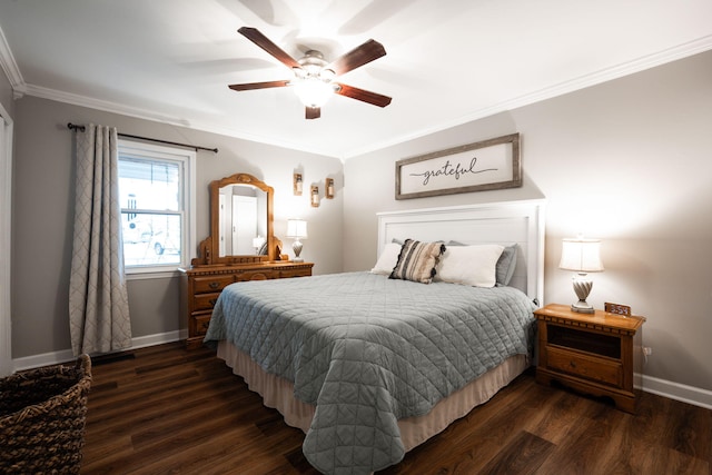 bedroom with ornamental molding, dark wood-type flooring, and ceiling fan