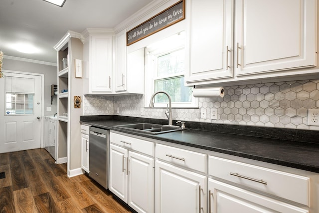 kitchen with sink, white cabinets, dark hardwood / wood-style flooring, stainless steel dishwasher, and crown molding