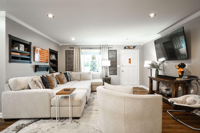 living room with crown molding and wood-type flooring