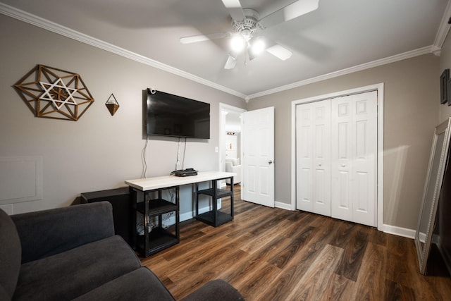 living room featuring ornamental molding, ceiling fan, and dark hardwood / wood-style flooring