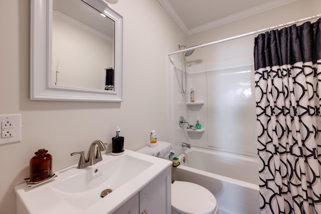 full bathroom featuring shower / tub combo, vanity, ornamental molding, and toilet