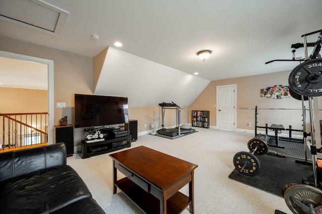 living room with lofted ceiling and light carpet