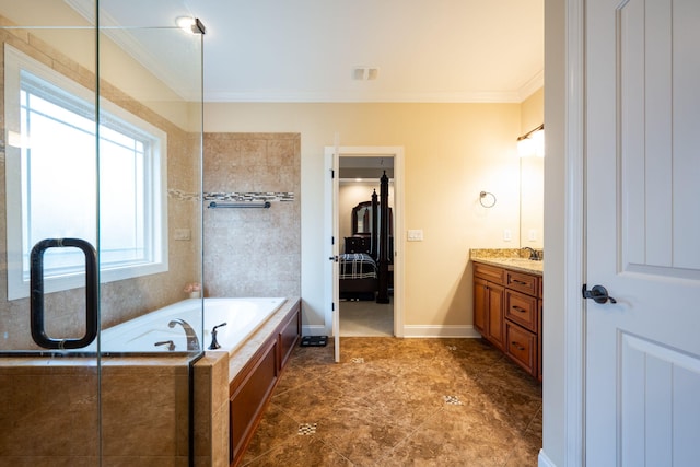 bathroom with vanity, tiled tub, and ornamental molding