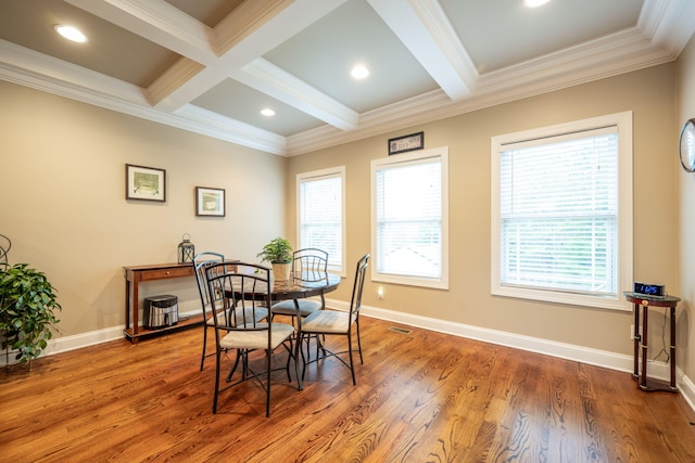 dining space with coffered ceiling, plenty of natural light, dark hardwood / wood-style floors, and beamed ceiling