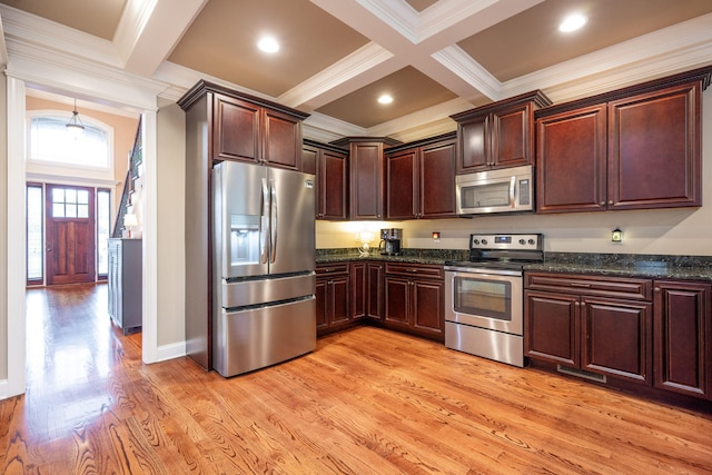 kitchen featuring light hardwood / wood-style flooring, appliances with stainless steel finishes, beam ceiling, coffered ceiling, and dark stone counters