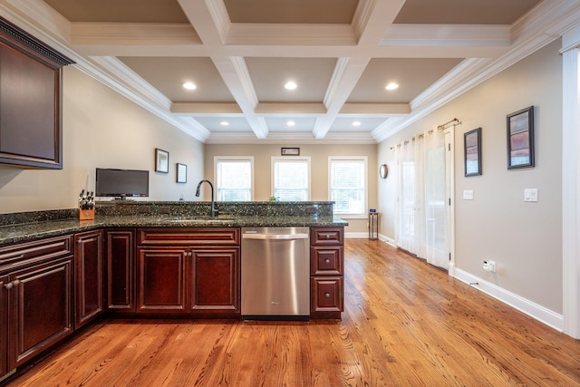 kitchen with beamed ceiling, dishwasher, sink, dark stone counters, and kitchen peninsula