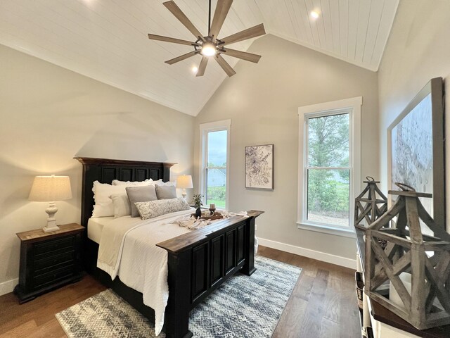 bedroom with baseboards, dark wood-type flooring, wood ceiling, recessed lighting, and ceiling fan
