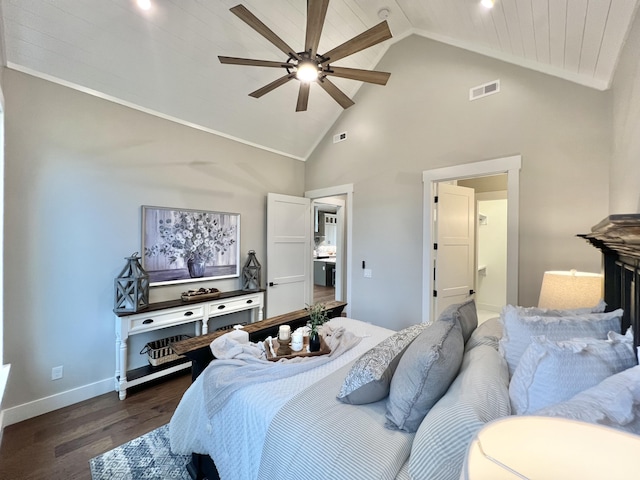 bedroom with wood finished floors, high vaulted ceiling, baseboards, and ceiling fan