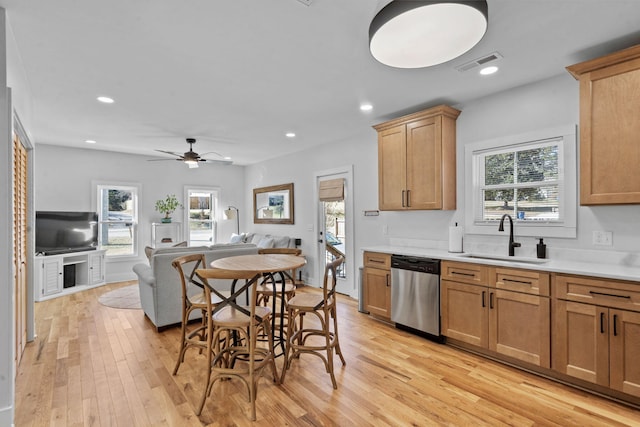 kitchen with sink, plenty of natural light, stainless steel dishwasher, and light wood-type flooring