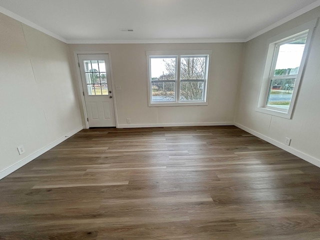 interior space with baseboards, wood finished floors, a wealth of natural light, and crown molding