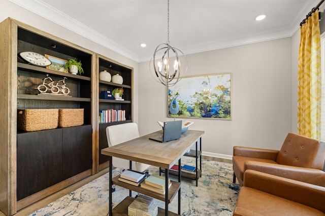 office space with wood-type flooring, ornamental molding, built in features, and an inviting chandelier