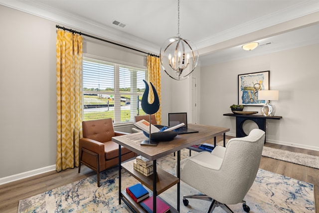 home office featuring crown molding, a chandelier, and hardwood / wood-style floors