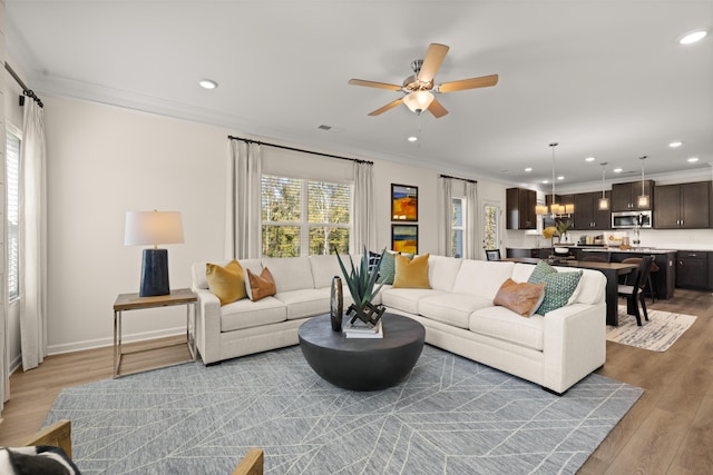 living room with ornamental molding, light hardwood / wood-style flooring, and a wealth of natural light