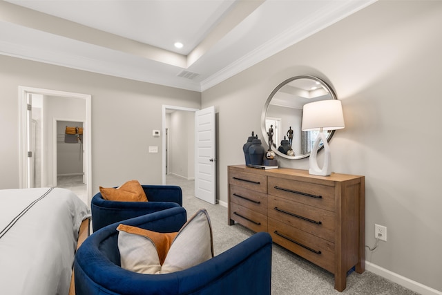 living area featuring a raised ceiling, ornamental molding, and light carpet