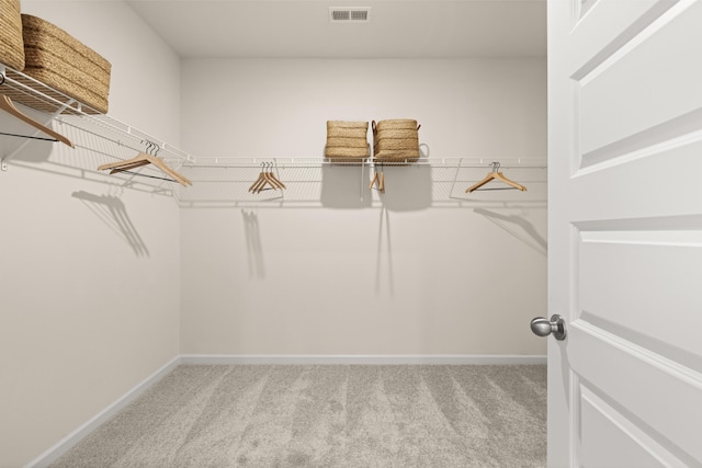 walk in closet featuring light carpet