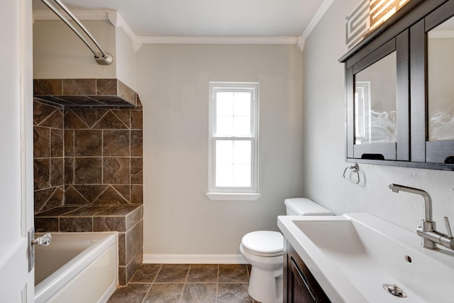 full bathroom with crown molding, vanity, toilet, and tiled shower / bath