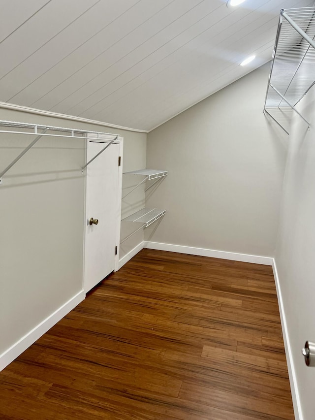 walk in closet with vaulted ceiling and wood finished floors