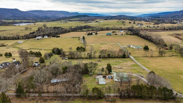 aerial view featuring a mountain view and a rural view