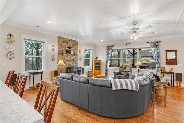 living room with ornamental molding, light wood-type flooring, a wood stove, and a healthy amount of sunlight