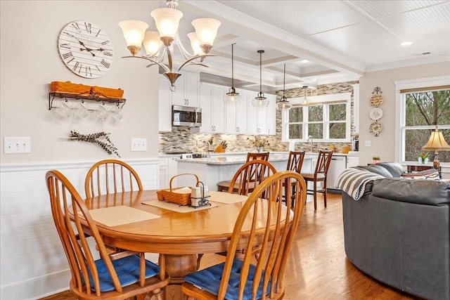 dining room featuring coffered ceiling, a wainscoted wall, wood finished floors, a chandelier, and beam ceiling