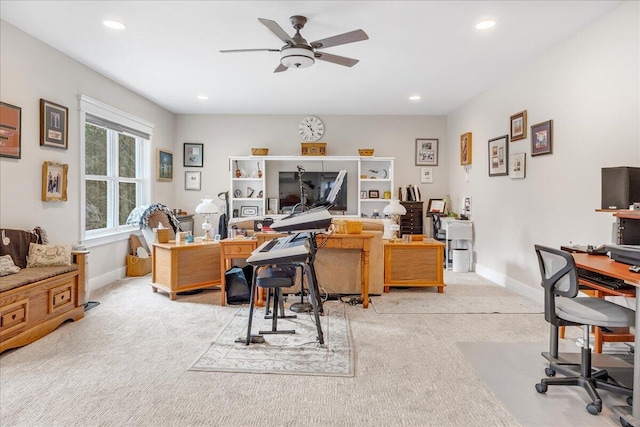 office space with recessed lighting, baseboards, ceiling fan, and light colored carpet