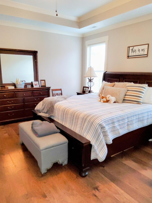 bedroom with a raised ceiling and light hardwood / wood-style floors