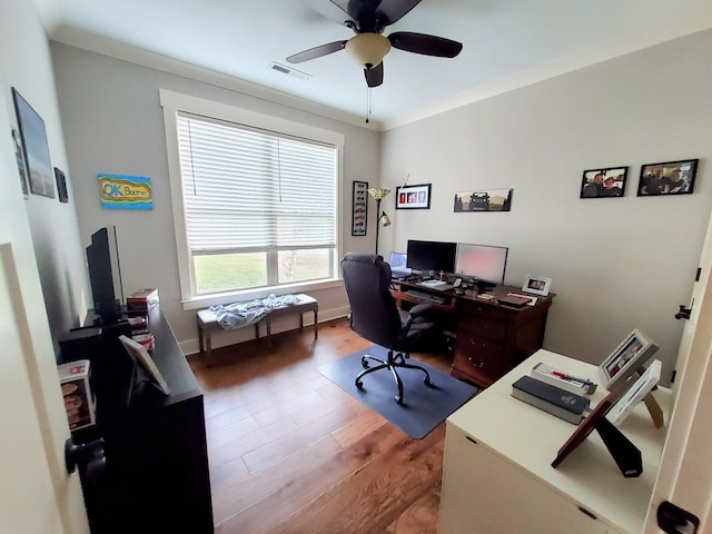 office area featuring ornamental molding, hardwood / wood-style floors, and ceiling fan