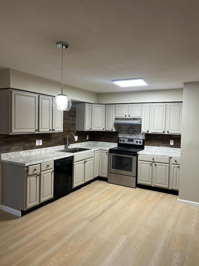 kitchen featuring hanging light fixtures, stainless steel electric range, gray cabinets, and dishwasher