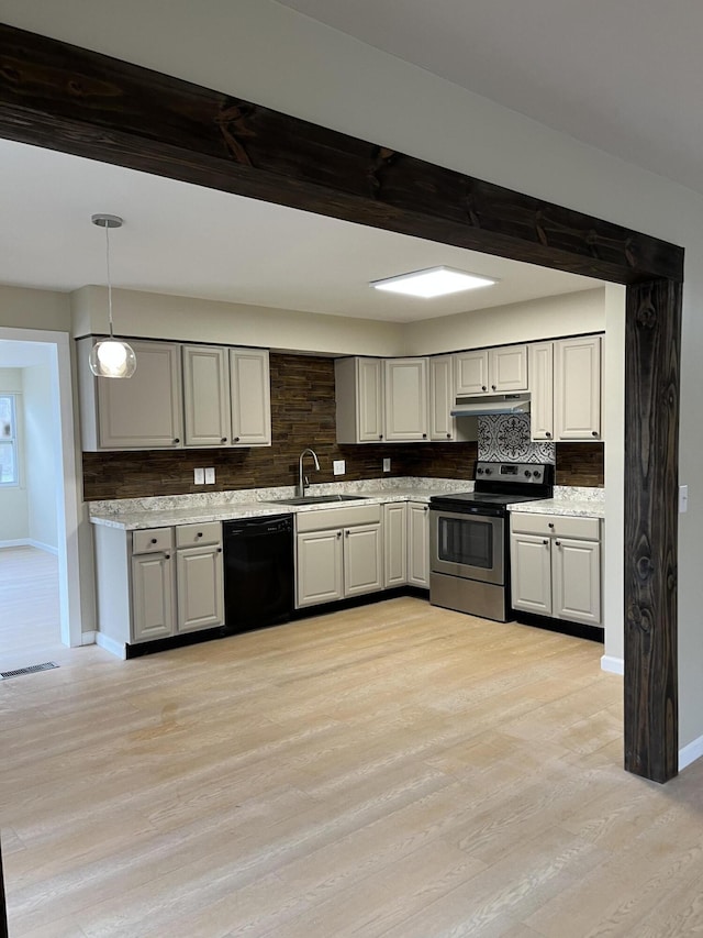 kitchen with stainless steel range with electric stovetop, sink, gray cabinetry, and black dishwasher