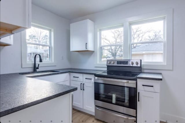 kitchen with white cabinets, plenty of natural light, and electric range