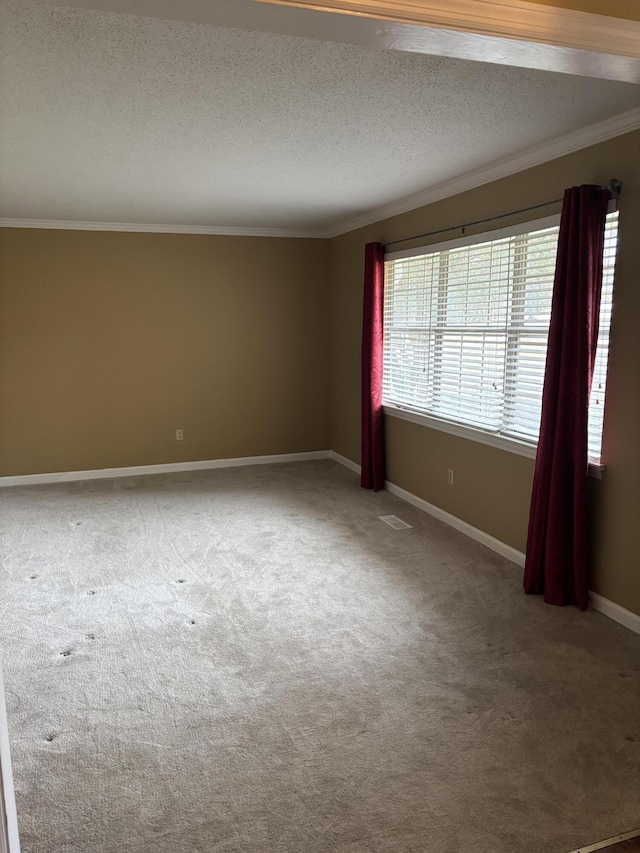 unfurnished room featuring ornamental molding, a textured ceiling, and carpet