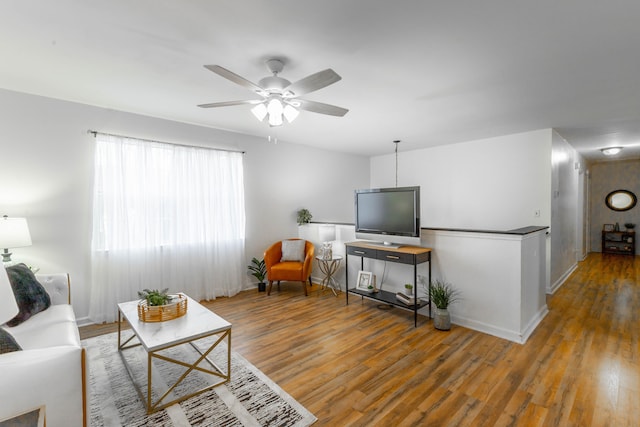 living room with hardwood / wood-style flooring and ceiling fan