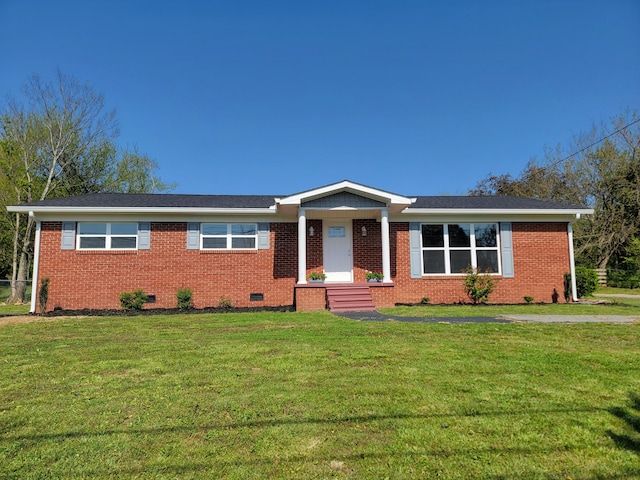 ranch-style house featuring crawl space, a front yard, and brick siding