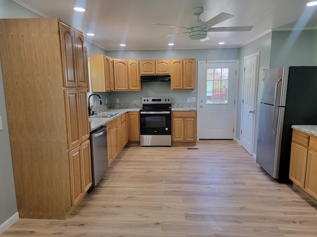 kitchen with crown molding, appliances with stainless steel finishes, a sink, and under cabinet range hood