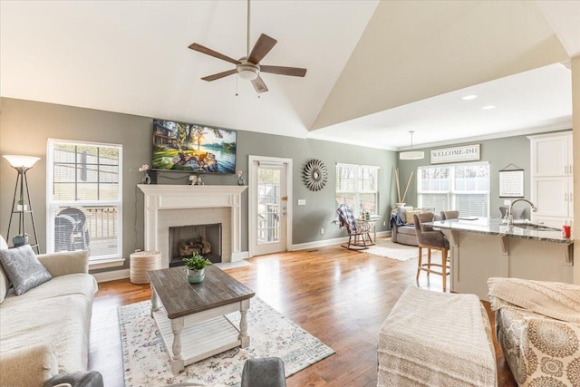 living area with light wood-style floors, a fireplace, high vaulted ceiling, and a wealth of natural light