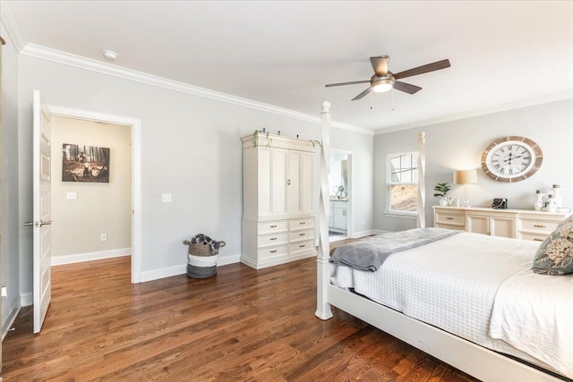 bedroom featuring crown molding, wood finished floors, and baseboards