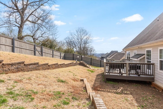 view of yard with a fenced backyard and a wooden deck