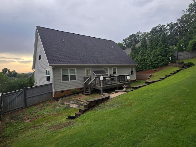 1609 Capanna Trl, Hixson, TN 37343 - rear view of house with a deck, a shingled roof, a gate, and stairs