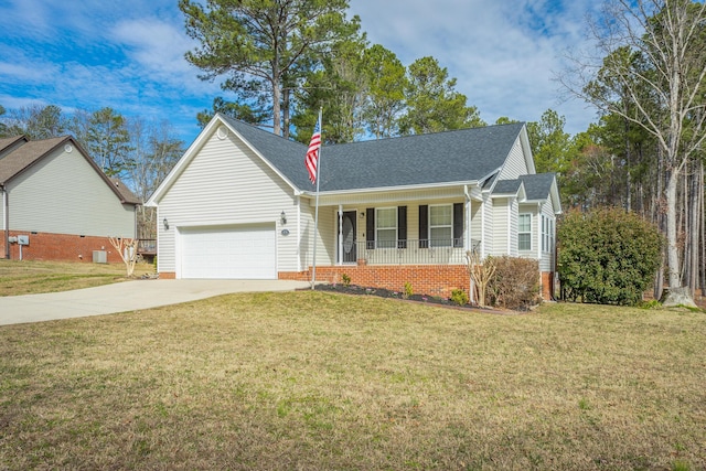 ranch-style home featuring a front lawn, a porch, concrete driveway, roof with shingles, and a garage