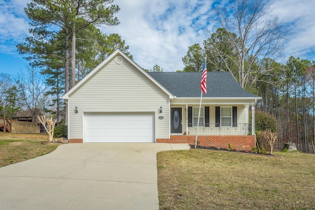 ranch-style house with a front yard, roof with shingles, covered porch, concrete driveway, and a garage