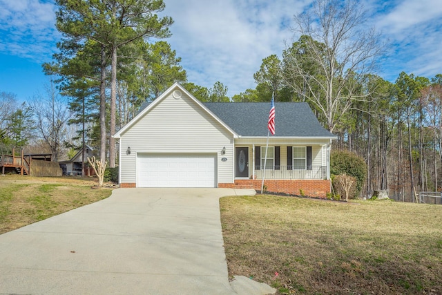 ranch-style home featuring roof with shingles, a porch, concrete driveway, an attached garage, and a front lawn