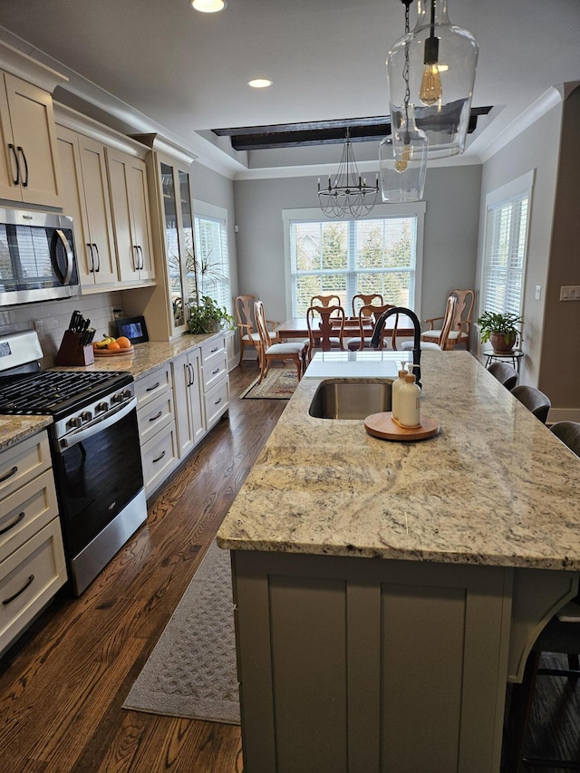 kitchen featuring dark wood-type flooring, stainless steel appliances, an island with sink, crown molding, and sink