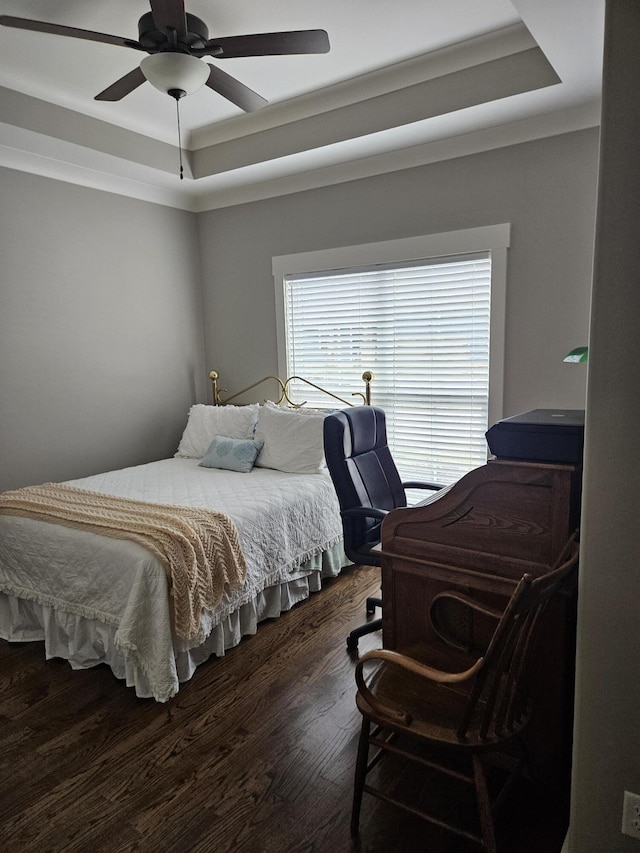 bedroom with a tray ceiling, ornamental molding, ceiling fan, and dark hardwood / wood-style flooring