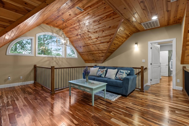 living room featuring wood ceiling, wood-type flooring, and vaulted ceiling